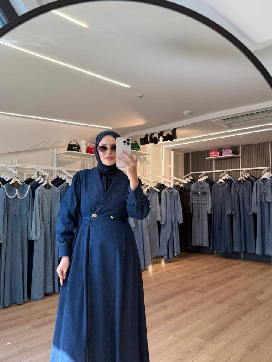 OlaLady Lacivert Kruvaze Yaka Çift Düğmeli Denim Kot Kap Pardesü
