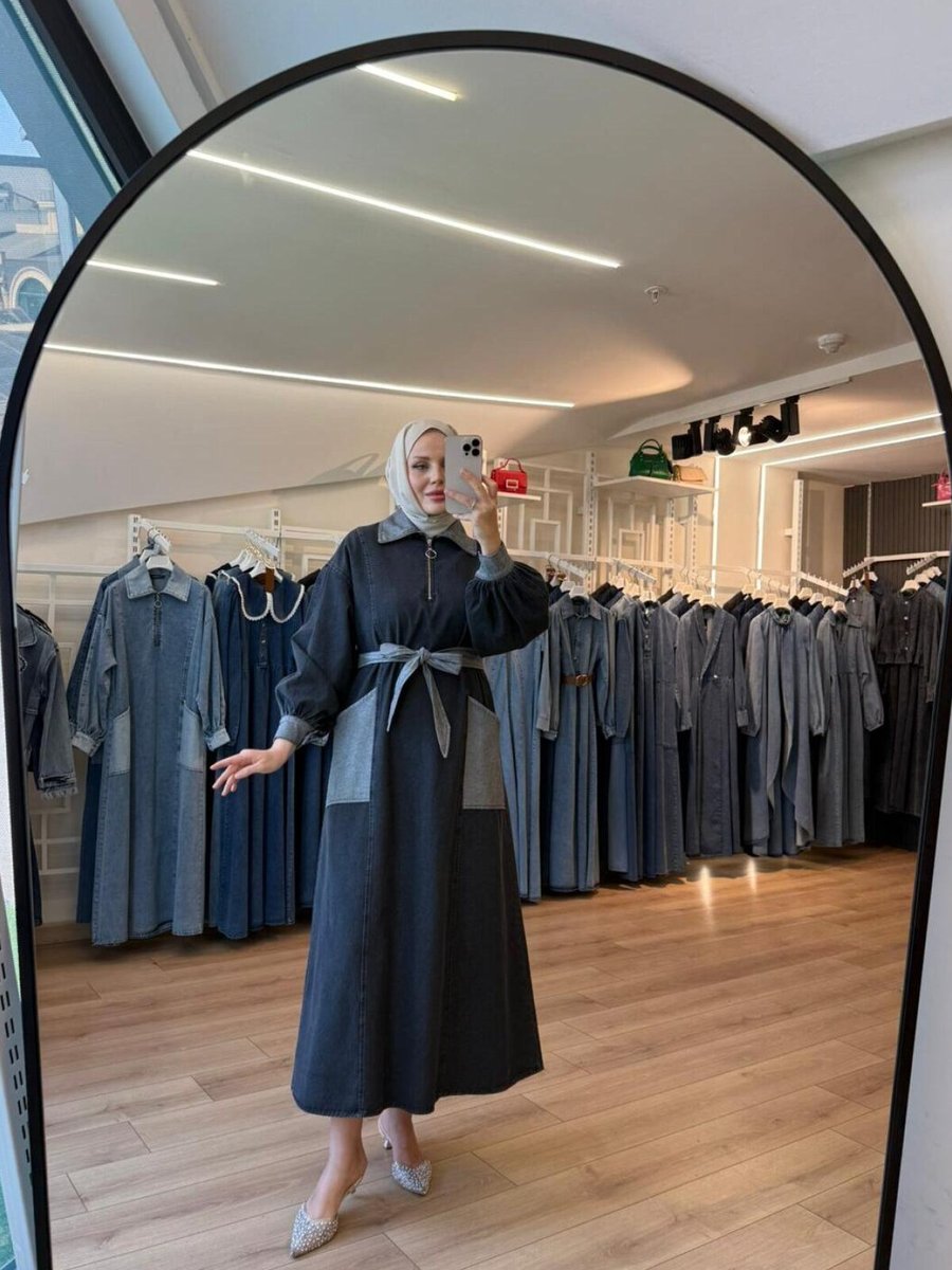 OlaLady Siyah Açık Koyu Renk Kontrastlı Kemerli Denim Kot Elbise