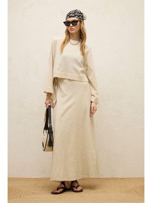 MANUKA Pamuklu Geniş Kol Crop Bluz Natural