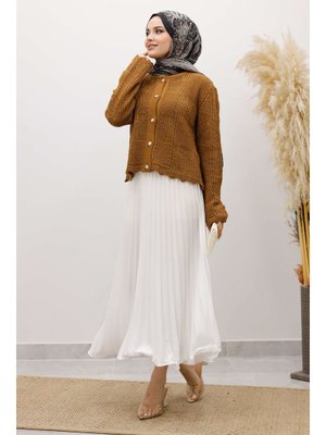 Tesettür Dünyası Taba Nakışlı Delikli Triko Hırka