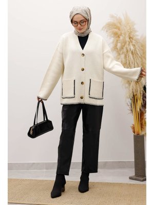 Tesettür Dünyası Krem Çoban Dikişli Cepli Triko Hırka