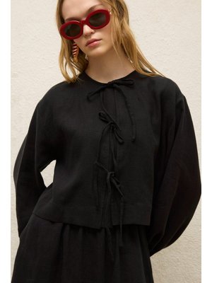MANUKA Siyah Keten Bağcık Detaylı Bluz
