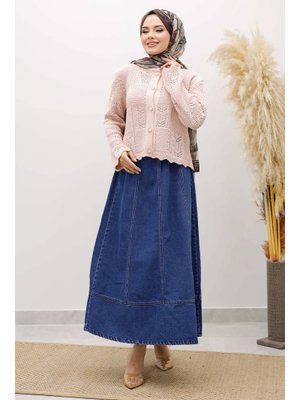 Tesettür Dünyası Pembe Nakışlı Delikli Triko Hırka