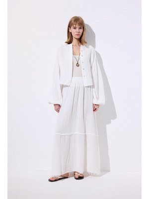 MANUKA Ekru Müslin Balon Kol Kısa Bluz