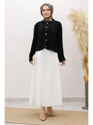 Tesettür Dünyası Siyah Nakışlı Delikli Triko Hırka