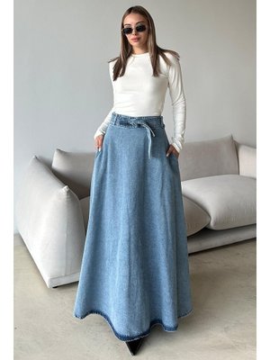 Olcay Mavi Beli Kuşaklı Denim Çan Uzun Etek