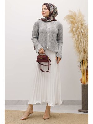 Tesettür Dünyası Gri Nakışlı Delikli Triko Hırka