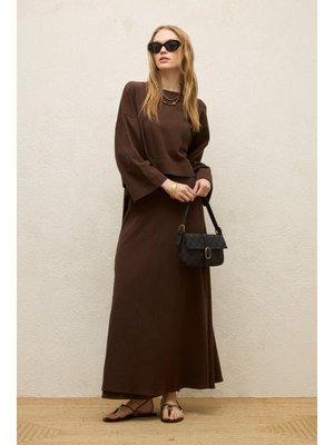 MANUKA Acı Kahve Pamuklu Geniş Kol Crop Bluz