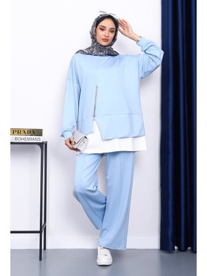 İmaj Butik Buz Mavi Fermuar Detaylı Modal Tunik Pantolonlu Takım