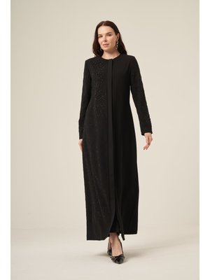 İhvanonline Siyah Si̇yah Tek Tarafi Kri̇stal Taş Detaylı Gi̇zli̇ Fermuarlı Ferace