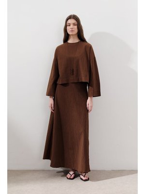 MANUKA Kahverengi Pamuklu Geniş Kol Crop Bluz
