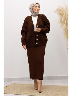 Tesettür Dünyası Acı Kahve Düğmeli Cepli Triko Hırka