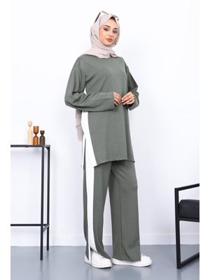 İmaj Butik Haki Renk Bloklu Tunik Pantolonlu Takım