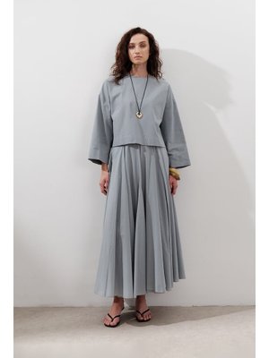 MANUKA Mavi Pamuklu Crop Uzun Kol Bluz Tozlu