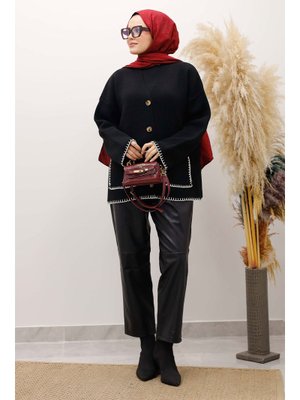 Tesettür Dünyası Siyah Çoban Dikişli Cepli Triko Hırka