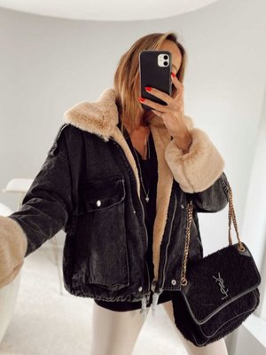 BK BOUTİQUE Antrasit Denim İçi Full Kürklü Mont