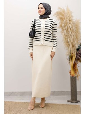 Tesettür Dünyası Bej Şeritli Triko Hırka