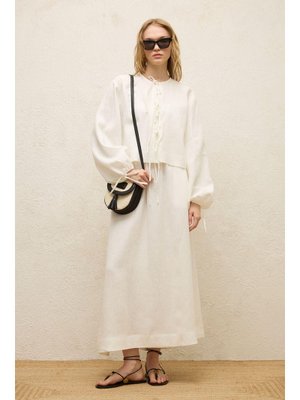 MANUKA Ekru Keten Bağcık Detaylı Bluz