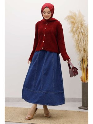 Tesettür Dünyası Bordo Nakışlı Delikli Triko Hırka