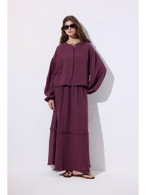 MANUKA Mürdüm Müslin Balon Kol Kısa Bluz