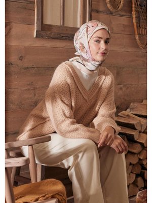 FRESHSCARFS Soft Kahve Gardenıa Desen Pamuk İpek Eşarp