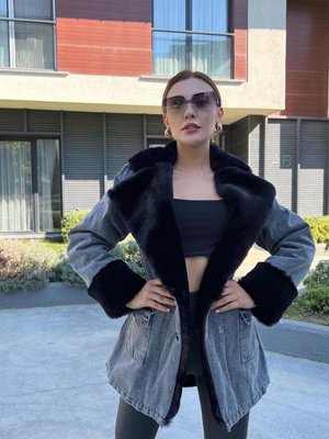 BK BOUTİQUE Siyah Denim Uzun İçi Full Kürk Jean Mont