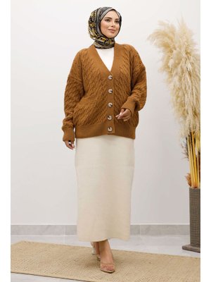 Tesettür Dünyası Taba Düğmeli Cepli Triko Hırka