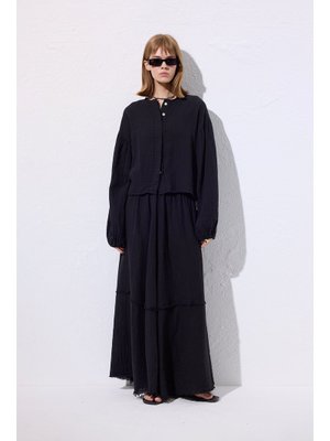 MANUKA Siyah Müslin Balon Kol Kısa Bluz