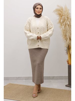 Tesettür Dünyası Bej Düğmeli Cepli Triko Hırka
