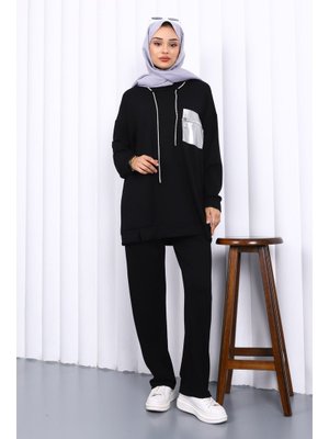 İmaj Butik Siyah Yaka Bağcıklı Modal Tunik Pantolonlu Takım
