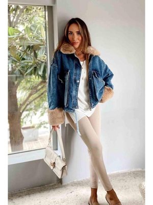 BK BOUTİQUE Mavi Denim İçi Full Kürklü Mont