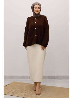 Tesettür Dünyası Acı Kahve Yumuşak Dokulu Düğmeli Triko Hırka