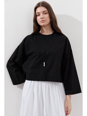 MANUKA Siyah Pamuklu Crop Uzun Kol Bluz