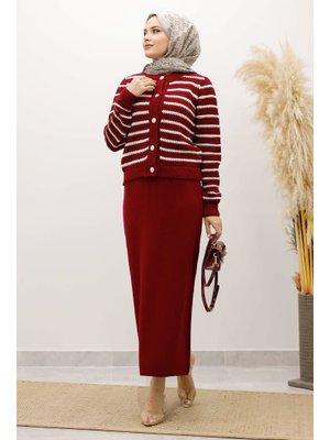 Tesettür Dünyası Bordo Şeritli Triko Hırka