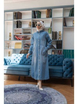 Neways Mavi Taşlı Denim Kapüşonlu Kap