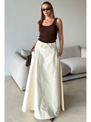 Olcay Ekru Beli Kuşaklı Denim Çan Uzun Etek