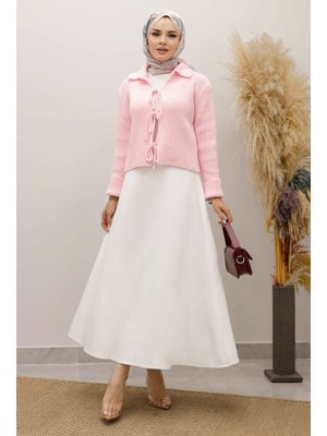 Tesettür Dünyası Pembe Bağcıklı Triko Hırka