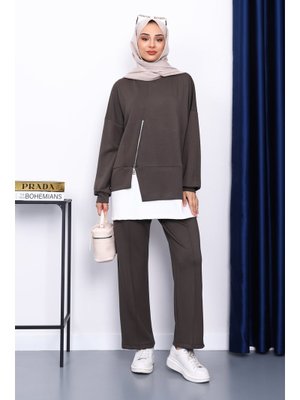 İmaj Butik Koyu Haki Fermuar Detaylı Modal Tunik Pantolonlu Takım