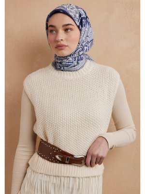FRESHSCARFS Lacivert Lena Desen Pamuk İpek Eşarp