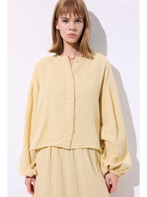 MANUKA Sarı Müslin Balon Kol Kısa Bluz