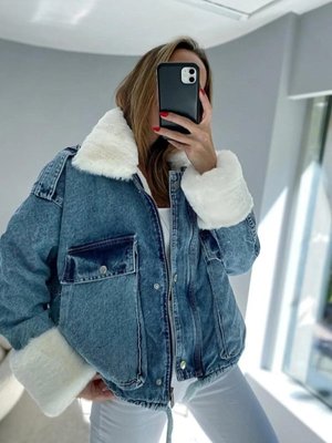 BK BOUTİQUE Krem Denim İçi Full Kürklü Mont