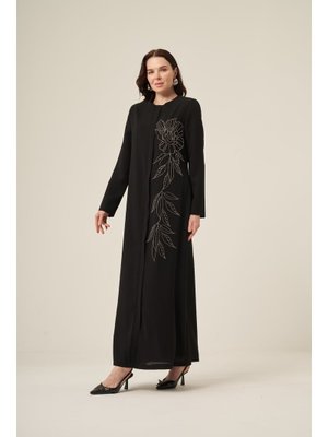 İhvanonline Siyah Si̇yah Beyaz Swarovski̇ Taş Detaylı Gi̇zli̇ Fermuarlı Ferace