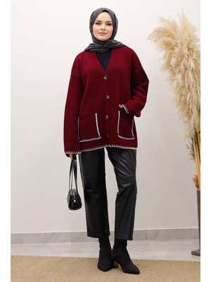 Tesettür Dünyası Bordo Çoban Dikişli Cepli Triko Hırka