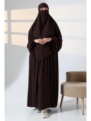 İhvanonline Kahve Kahverengi Parça Sufleli Peçeli Robalı Ferace Elbise Takım