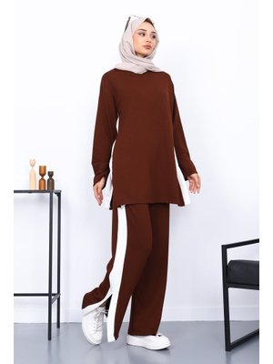 İmaj Butik Kahverengi Renk Bloklu Tunik Pantolonlu Takım