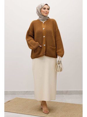 Tesettür Dünyası Taba Yumuşak Dokulu Düğmeli Triko Hırka