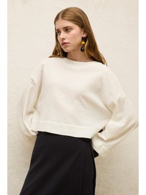 MANUKA Ekru Pamuklu Geniş Kol Crop Bluz