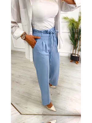 Destemoda Mavi Dabıl Kemeri İp Detaylı Palazzo Pantolon