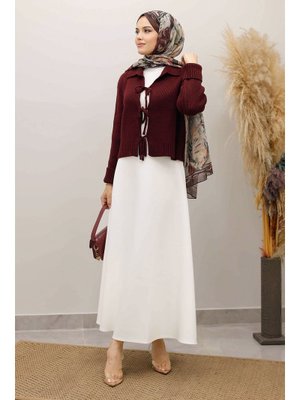 Tesettür Dünyası Bordo Bağcıklı Triko Hırka