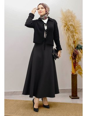 Tesettür Dünyası Siyah Bağcıklı Triko Hırka